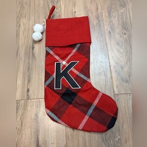 Kohl's Red and Black Plaid Stocking with Letter K And White Pom Poms